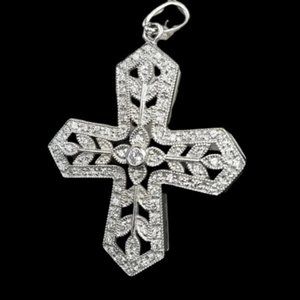 Sterling Silver CZ Ornate Large Cross Pendant